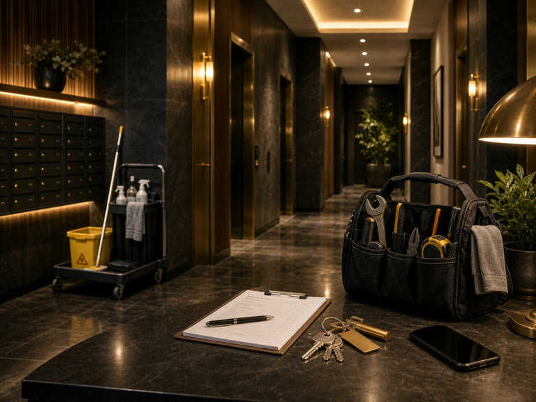 Building keys, a work order, a tool bag, and cleaning equipment staged in an apartment building lobby.