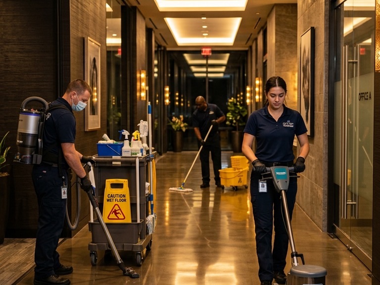 A God’s Sons cleaning crew at work in a building corridor.