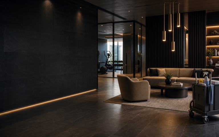 A condominium shared space kept clean for residents and visitors.