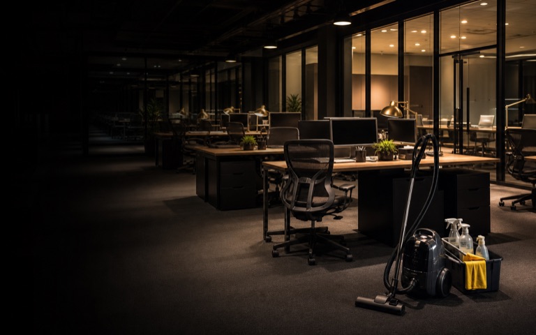 A clean office after hours with vacuum and cleaning supplies near empty workstations.