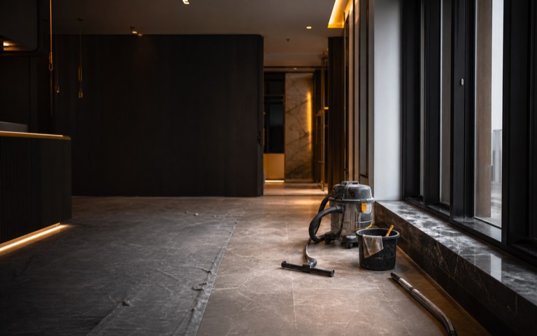 A newly renovated commercial interior being prepared for post-construction cleanup.