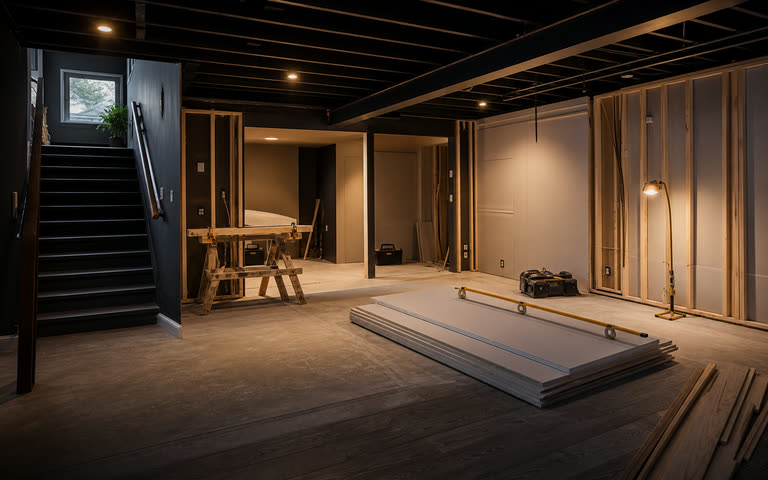 A basement finishing project with framed walls, drywall sheets, flooring materials, and warm work lights.