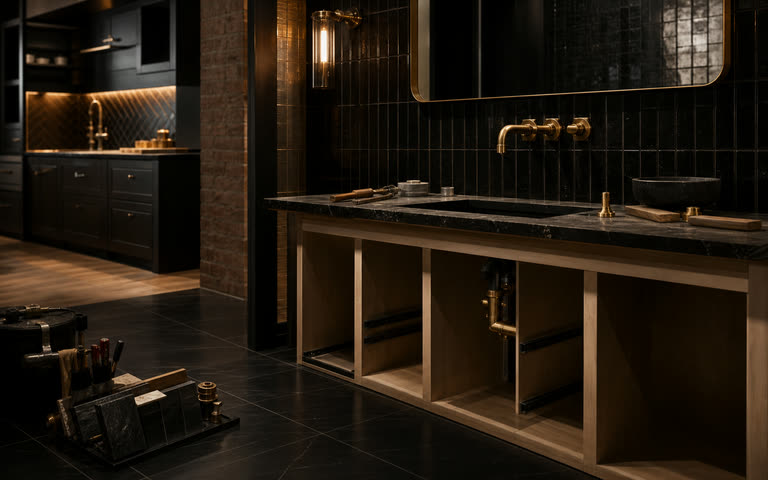 A dark kitchen and bathroom renovation with brass fixtures, tile work, cabinetry, and tools staged on the floor.