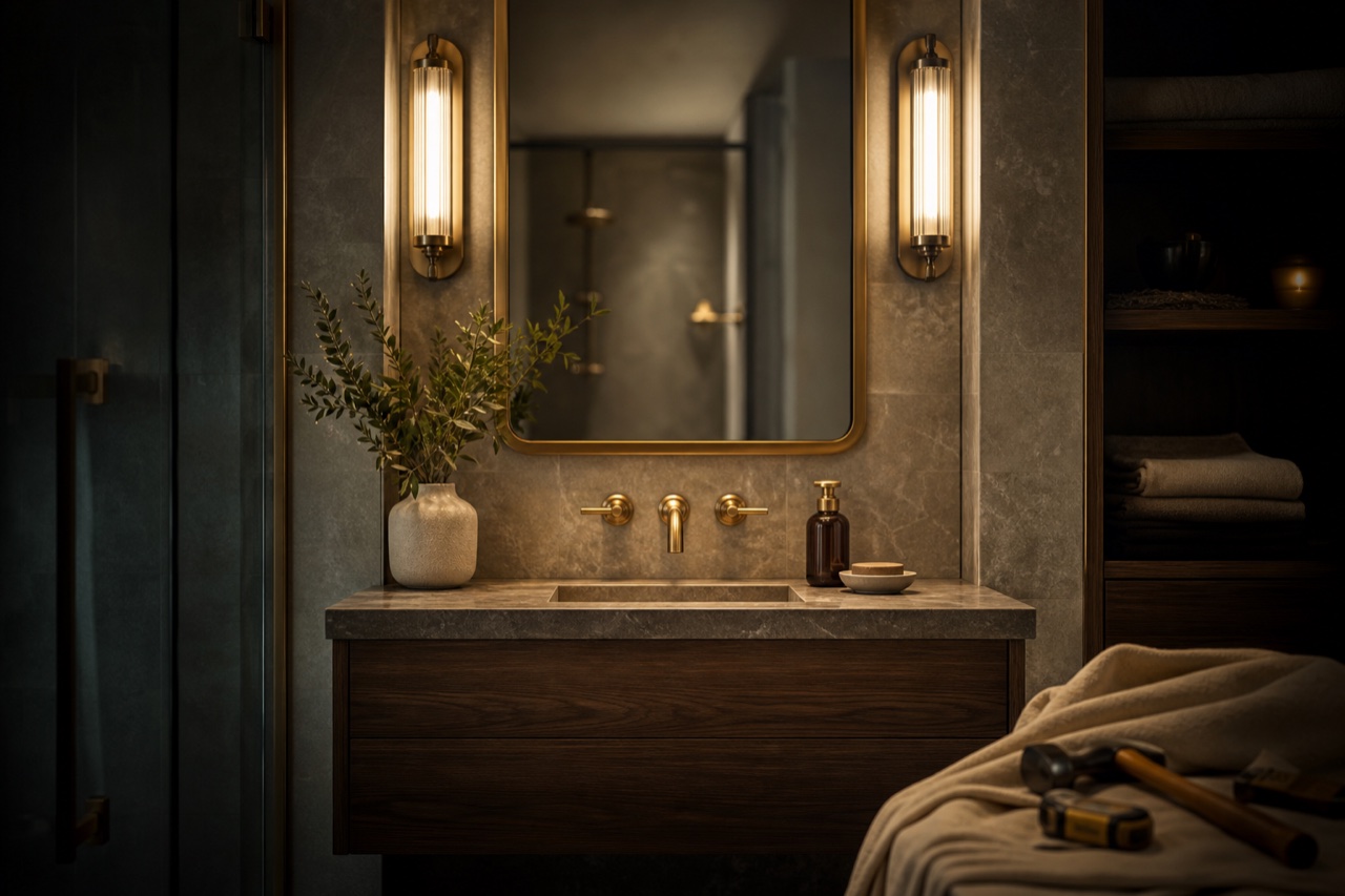 A finished bathroom renovation with brass fixtures, stone tile, and neatly staged tools.